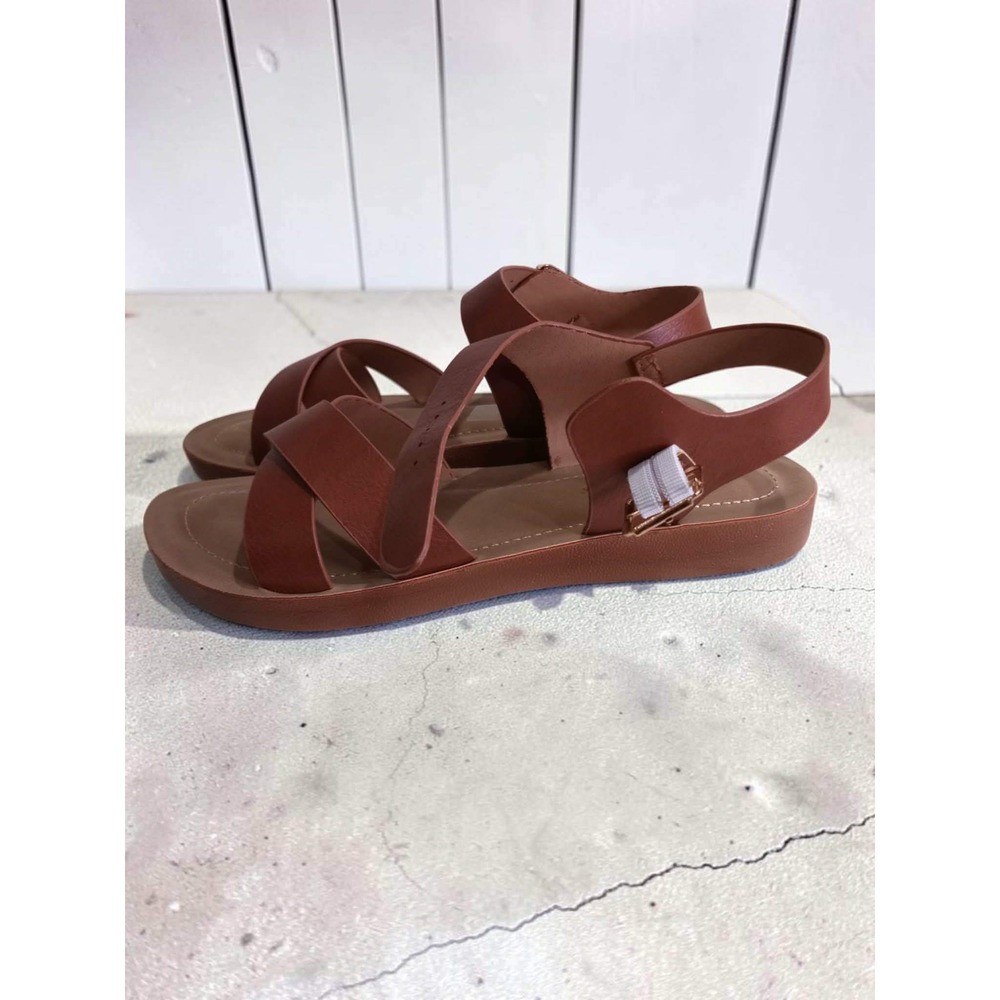 Flexmas Womens Brown Faux Leather Criss Cross Ankle Strap Flat Sandals Size 9 - Picture 4 of 7